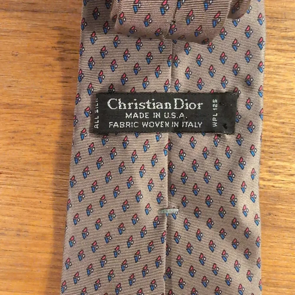 Christian Dior Tie Mens One Size Beige Geometric Silk Woven Necktie Classic